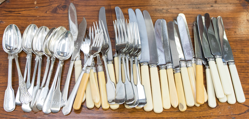 A mixed collection of EPNS cutlery to include bone handled knives, dessert forks,