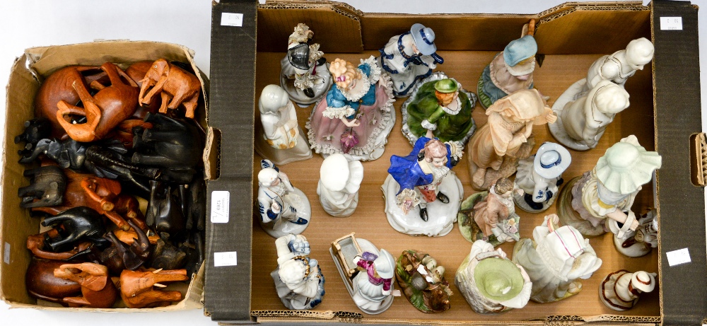 Box of mixed ceramic figurines and a box of carved wooden Elephants.