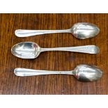 Three silver Hester Bateman teaspoons, marks rubbed, no date letters, engraved JRF to finials,