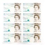 Set of eight uncut £5 notes.