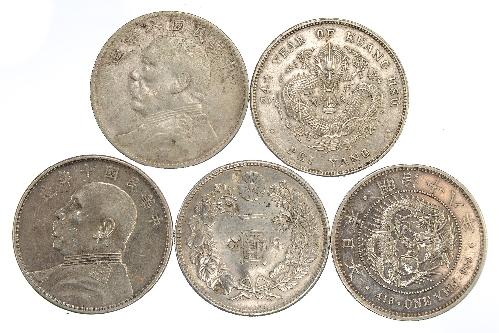 China, Silver Dollar 1908, 1919, 1921, Japan Silver Yen 1885,