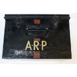 WW2 British ARP tin.Black with Red stripe and white lettering.