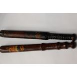 Pair of Victorian painted Police Truncheons: One with Queens Crown and Staffordshire Knot,