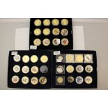 Three Westminster Blue card coin cases holding 35 Enamel Gold and Silver Plated coins,