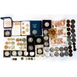 A bag of coins and banknotes includes silver proof crown 1977 Crowns 1951 x 3, 1953 x 3,