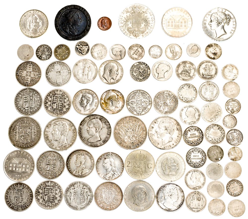 A collection of UK and World silver coins, includes Crown 1845, Halfcrown 1816, 1887, 1895, 1896,