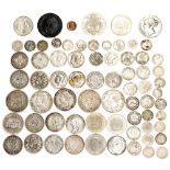 A collection of UK and World silver coins, includes Crown 1845, Halfcrown 1816, 1887, 1895, 1896,