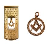 Masonic Interest - a 9ct gold Masonic pendant and book mark, weighing approx 13.