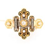 A Victorian 18ct yellow gold diamond and black enamelled Holbeinesque cross design multi use