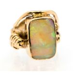 An opal single stone yellow gold signet ring,