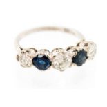 A diamond and sapphire five stone platinum ring,