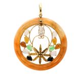 A diamond set jade circular 18ct yellow gold donut pendant,