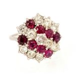 A mid 20th Century diamond and ruby fancy cluster 18ct white gold ring,