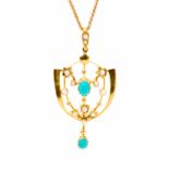 An Edwardian Art Nouveau turquoise and seed pearl 15ct yellow gold pendant,