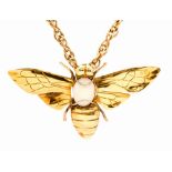 An opal single stone set 18ct yellow gold bee pendant on a 9ct yellow gold chain,