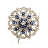 A diamond and sapphire flower head cluster brooch,