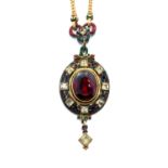 A Victorian Renaissance style garnet and chrysoberyl set enamelled pendant and chain in the style