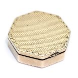Asprey of London, a 9ct gold pill box, octagonal form with engine turned lid, marked Asprey, 2.