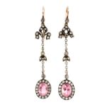 A pair of Victorian pink tourmaline and diamond cluster drop earrings,