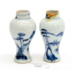 A pair of Chinese bulbous top vases (one af) both hand painted with blue on tin glazed ground (2)
