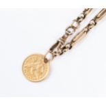 A 9ct. gold heavy neckchain with a 22ct gold 1879 drilled coin, gross weight approx 20.