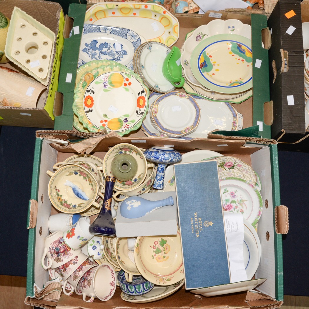 Two boxes of tea and dinner wares including Lawleys Royal Doulton, Masons and Art Deco Midwinter,