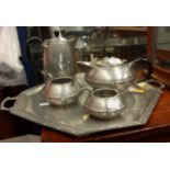 A five piece craftsman pewter tea service including tray, craftsman,