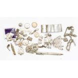 Assorted silver - fob chains, scrap silver, thimble, part nurses buckle, silver propelling pencil,