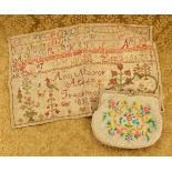 A tapestry evening bag, possibly French, and an un-framed sampler, William IV 1832 Ann Mayor Aged 9.