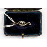 A Victorian diamond and pearl scroll motif rose and white metal bar brooch,