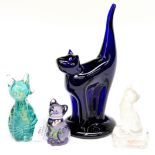 A boxed Bristol Blue Studio glass cat, with a boxed and signed Paul Critchley 2011 glass cat,