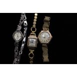 Two ladies vintage 9ct gold watches on gold plated bracelets and a silver marcasite set example (3)