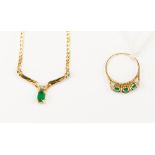 An emerald and diamond 14ct gold necklace and ring set,