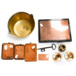 Etched copper print blocks (5) a brass cooking pan, an iron shell case, an antique key,