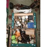 Two boxes of contemporary figures, including fantasy models, metalware,