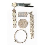 Five items of silver jewellery comprising a bangle, an ingot pendant, a 3d bracelet,