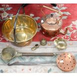 A brass jam pan with a copper kettle and further assorted brassware