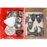 Flat irons and shoe lasks and a box of assorted items to include jelly molds,