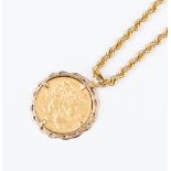 A Victorian 1885 Sovereign in 9ct gold mount with 9ct gold chain total gross weight approx 16.