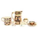 Royal Crown Derby Imari jug, coffee can miniature cup and saucer, Spode miniature mug,