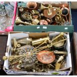 Two boxes of 19th and 20th century copper, brass and metalware to include candlesticks, Indian,