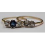 A sapphire and diamond three stone 18ct yellow gold ring,