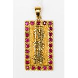 An ingot style gold pendant set with rubies with Chinese character marks
