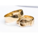Two 9ct gold rings,one a plain wedding band, approx 7mm wide, size W the other a buckle,