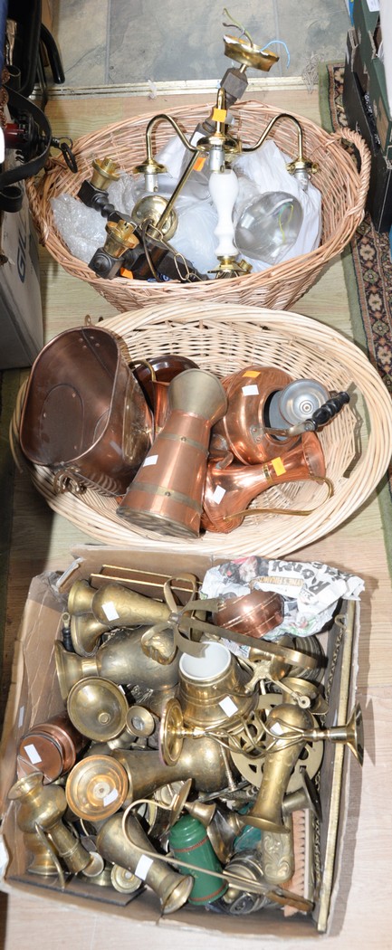 A basket of copper ware and a box of brass and metal ware to include scales, candlesticks,