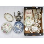 Box of mixed 19th century and 20th century ceramics, watch,