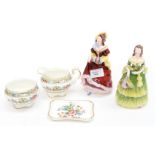 Two Coalport figures of ladies, along with Coalport dish,