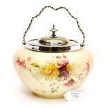 A Royal Worcester blush ivory hand painted squat biscuit barrel with EPNS collar, lid and handle,