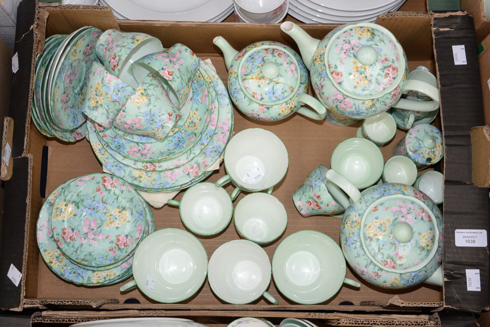 A Shelley Melody part tea service, including two teapots (one af) a coffee pot, cups, saucers,