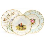 Royal Crown Derby cabinet plates including a hunting scene signed Carole,